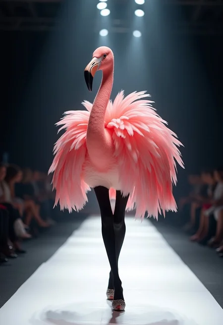 A glamorous flamingo struts down the runway [like a supermodel | elegant avian figure]. Its pink feathers fan out like an extravagant couture gown, each feather alternating in a (luxurious layered pattern) and [fluttering softly | catching the light]. The flamingo's long, slender legs are wrapped in (sleek black stockings), contrasting with the vibrant plumage, while its high heels glitter with [sequins | embedded jewels]. (Spotlights from above) cast soft illumination on the runway, enhancing the surreal blend of bird and fashion. The backdrop fades into [a soft blur | minimalistic shadows], highlighting the flamingo’s surreal presence, blending the worlds of avian beauty and high fashion."