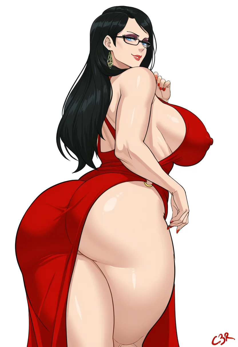 masterpiece, best quality, uncensored,
<lora:cyberboi:1> c1b3rb01, 1girl, solo, long hair, breasts, looking at viewer, smile, blue eyes, large breasts, simple background, black hair, white background, dress, bare shoulders, ass, thighs, glasses, shiny, looking back, signature, from behind, nail polish, arm up, covered nipples, lips, sideboob, makeup, thick thighs, red dress, lipstick, o-ring, eyeshadow, mature female, bayonetta