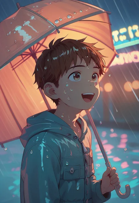score_9, score_8_up, score_7_up, score_6_up, NEOST, neon lights, 1boy, solo, young, standing, laughing, (), brown hair, open mouth, upper body, blurry, blue shirt, jacket, under umbrella, holding umbrella, depth of field, blurry background, mouth, facing viewer, rain, water drop