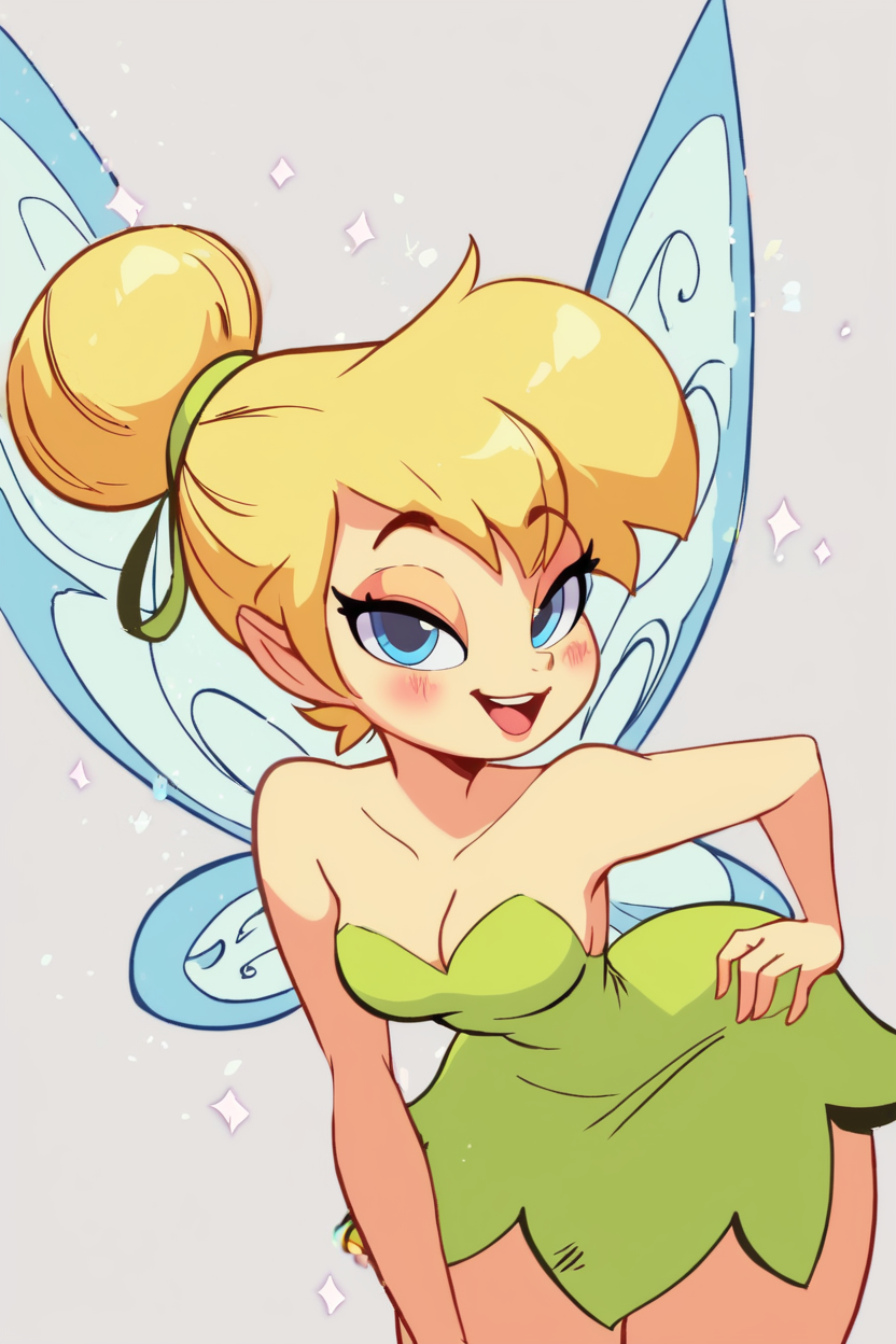 score_9, score_8_up, score_8, medium breasts, (curvy), cute, eyelashes,   TinkerWaifu, magic particles, leaning forward, medium breasts, narrow waist, naughty face, smile, fairy wings, blue eyes, green dress, sexy, hair bun, looking at viewer, cowboy shot, <lora:tinkerbellPonyXL_character-10:0.8>,   <lora:Diives_P1:1>,