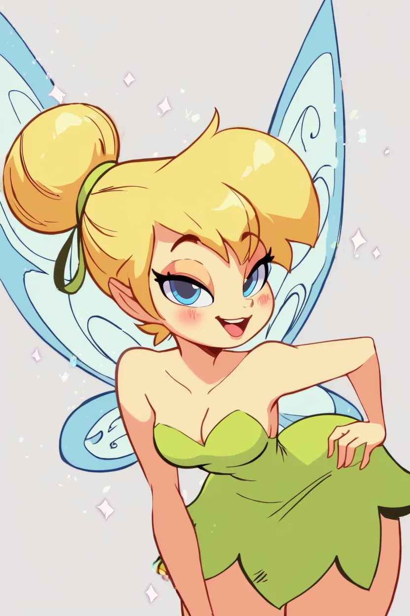 score_9, score_8_up, score_8, medium breasts, (curvy), cute, eyelashes, TinkerWaifu, magic particles, leaning forward, medium breasts, narrow waist, naughty face, smile, fairy wings, blue eyes, green dress, sexy, hair bun, looking at viewer, cowboy shot, <lora:tinkerbellPonyXL_character-10:0.8>, <lora:Diives_P1:1>,