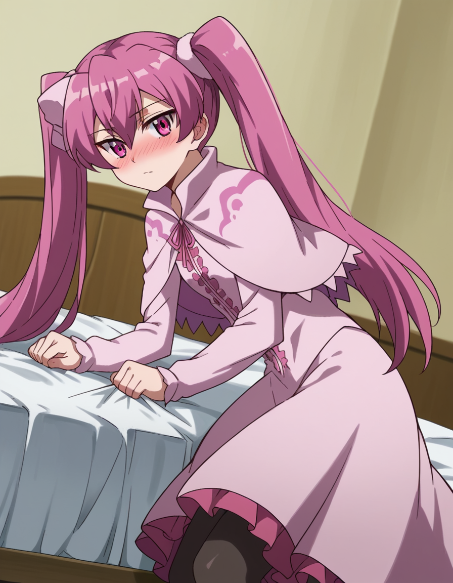 score_9, score_8_up, score_7_up, source_anime,
agkmine, <lora:agk-mine-s1-ponyxl-lora-nochekaiser:1>,
mine, long hair, twintails, pink hair, pink eyes,
dress, pantyhose, pink dress, capelet, pink capelet, pink skirt, skirt, long sleeves,
indoors, bed, bed room, on side, blush, drunk,
cowboy shot, solo, dutch angle, looking at viewer,