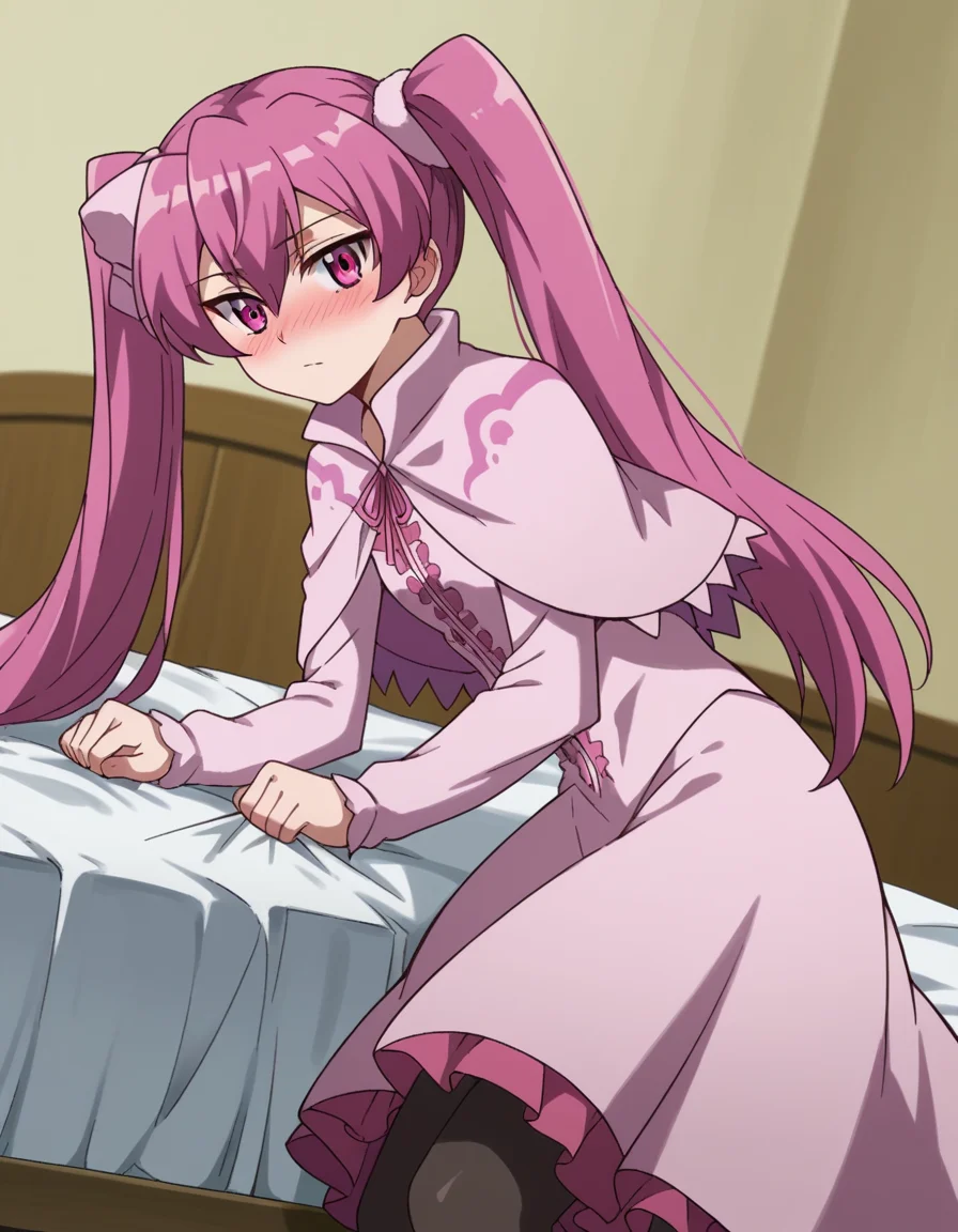 score_9, score_8_up, score_7_up, source_anime,
agkmine, <lora:agk-mine-s1-ponyxl-lora-nochekaiser:1>,
mine, long hair, twintails, pink hair, pink eyes,
dress, pantyhose, pink dress, capelet, pink capelet, pink skirt, skirt, long sleeves,
indoors, bed, bed room, on side, blush, drunk,
cowboy shot, solo, dutch angle, looking at viewer,