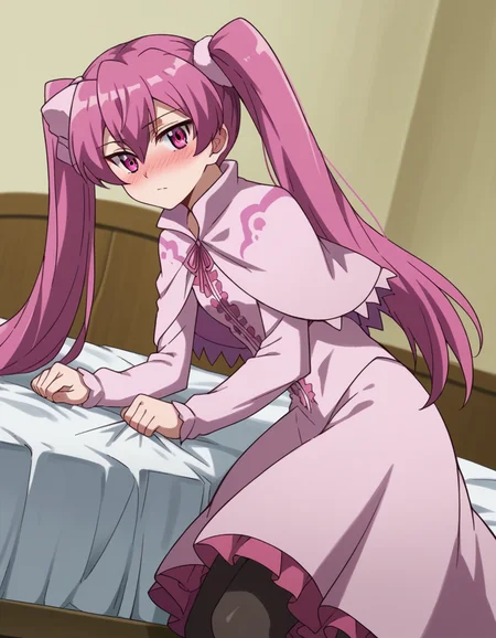 score_9, score_8_up, score_7_up, source_anime,
agkmine, <lora:agk-mine-s1-ponyxl-lora-nochekaiser:1>,
mine, long hair, twintails, pink hair, pink eyes,
dress, pantyhose, pink dress, capelet, pink capelet, pink skirt, skirt, long sleeves,
indoors, bed, bed room, on side, blush, drunk,
cowboy shot, solo, dutch angle, looking at viewer,