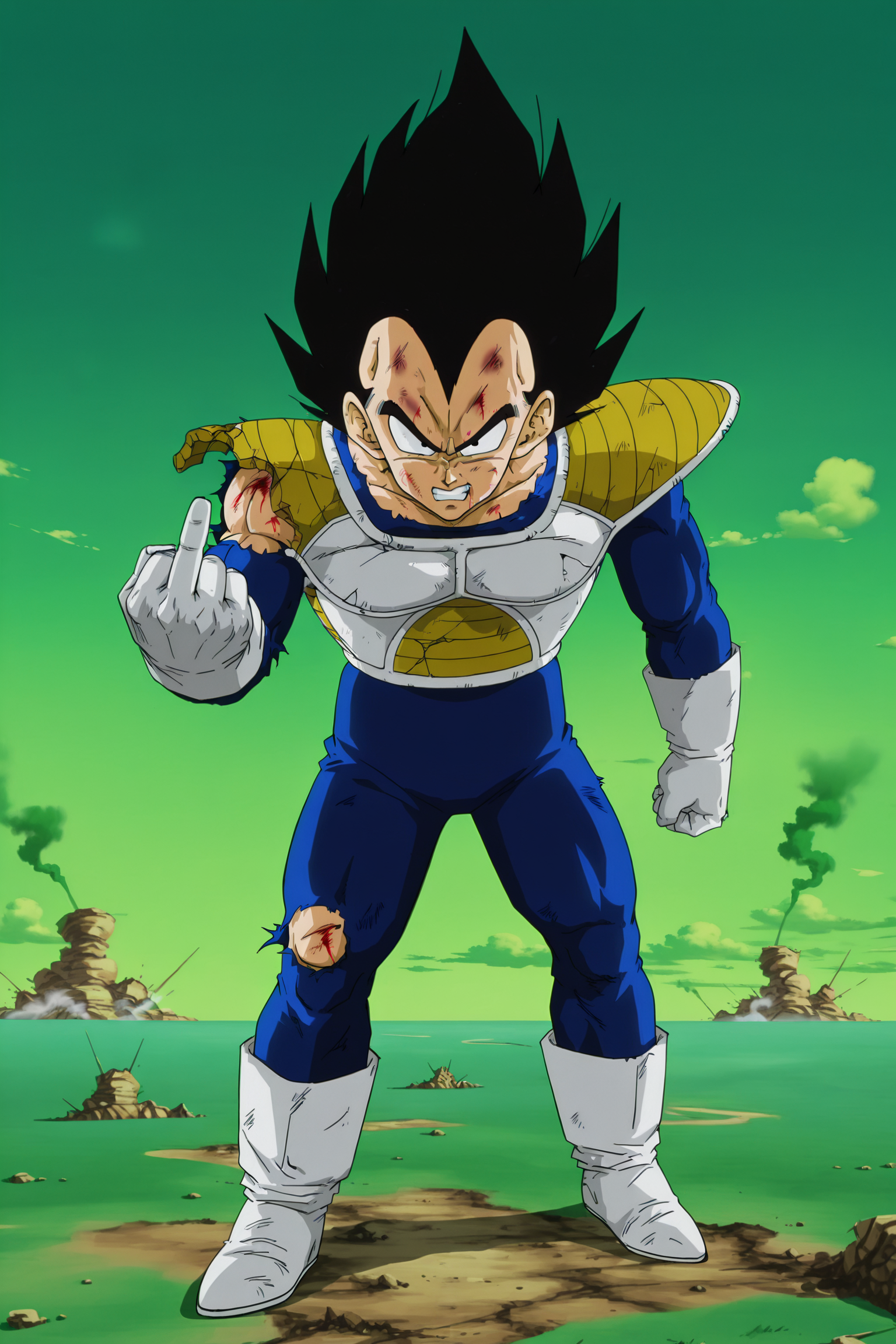 anime screencap, masterpiece, best quality, amazing quality, very aesthetic, absurdres,  newest, (scenery, volumetric lighting), official style, 
vegeta, solo, looking at viewer, blue grass, black hair, gloves, 1boy, green sky, full body, male focus, boots, teeth, white gloves, armor, black eyes, torn clothes, blood, white footwear, spiked hair, clenched teeth, injury, bruise, saiyan armor, blue bodysuit, arm at side, middle finger, damaged armor, torn bodysuit, v-shaped eyebrows, destruction, smoke,
 <lora:Vegeta_IL:0.8>