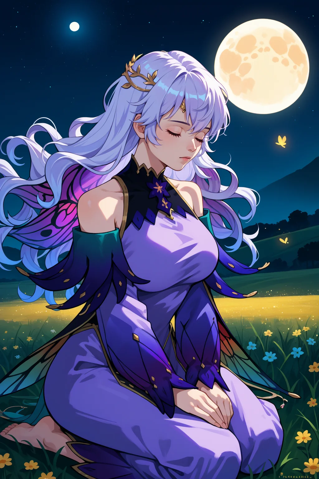 score_9, score_8_up, score_7_up, score_6_up, source_anime, 1girl, solo, <lora:fedeirdre-pdxl-nvwls-v1-000006:1> rspdrd, wavy hair, white hair, long hair, purple eyes, purple dress, bare shoulders, insect wings, gold hair ornament, purple sleeves, gradient clothes, big breasts, kneeling, closed eyes, night, field, moon