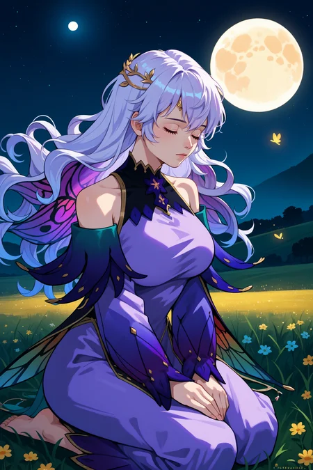 score_9, score_8_up, score_7_up, score_6_up, source_anime, 1girl, solo, <lora:fedeirdre-pdxl-nvwls-v1-000006:1> rspdrd, wavy hair, white hair, long hair, purple eyes, purple dress, bare shoulders, insect wings, gold hair ornament, purple sleeves, gradient clothes, big breasts, kneeling, closed eyes, night, field, moon