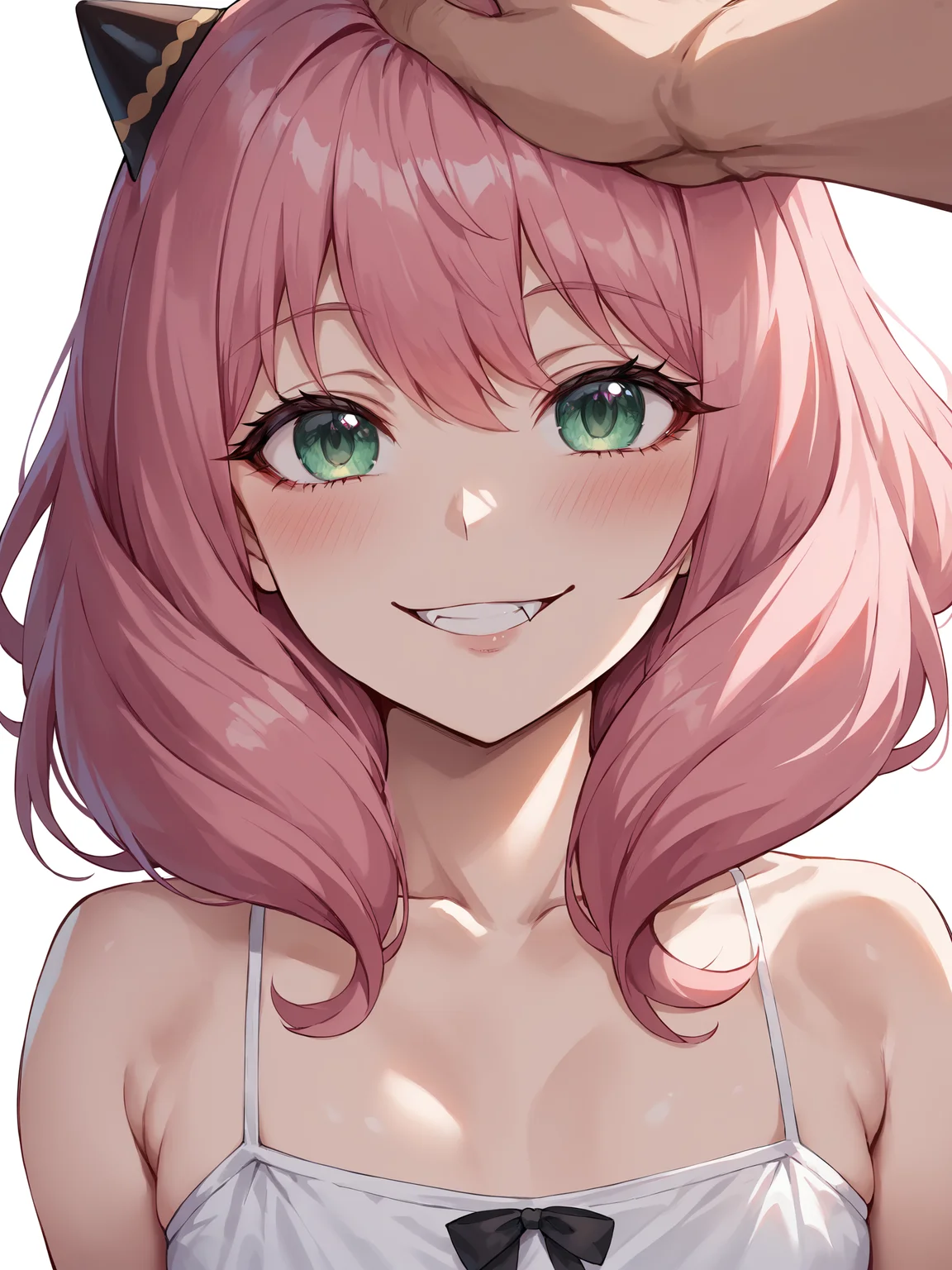 score_6, score_7, score_8 , score_9 ,score_10 , (hyper detailed illustration , masterpiece, best quality, soft shadows , super detailed macro details , perfect quality, soft ligthing:1)
flat chest ,small girl, looking at viewer , straight on , ,(beautifull 2.5D anime style) , (rendered:1), (rendered eyes:1) ,camisole, dynamic pose <lora:anya:1> anya_\(spy_x_family\), blush, pink hairs, absurdres, highres , smile , fang ,head pat