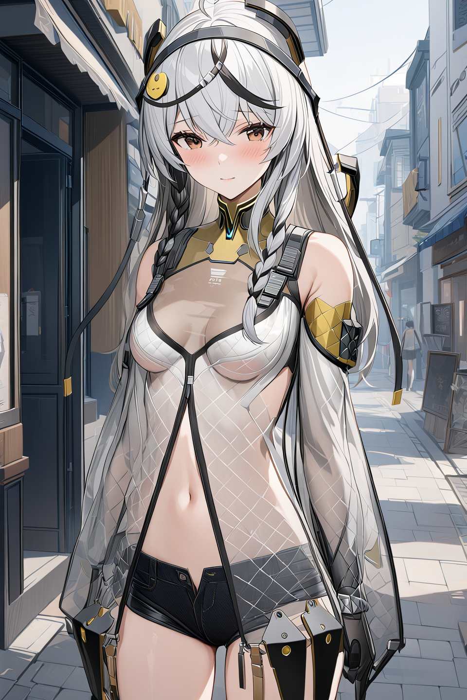 <lora:chernov1-000008:0.8> (best quality), ((masterpiece)), (highres),(extremely detailed CG unity 8k wallpaper),  1girl solo with cute face, cherno, standing in street, dating, (shy:0.8), white long hair with black single braid, brown eyes, medium breasts, see through, open clothes, black short shorts, (ahoge:0.5)