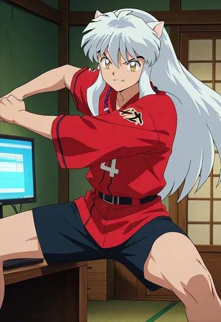 masterpiece, best quality, intricate details, anime screencap, , , , , 1boy, solo, male focus, <lora:inuyasha_ilxl:0.92>, inuyasha, white hair, yellow eyes, animal ears, dog ears, long hair, , , red kimono, , rule of thirds, bedroom, computer monitor, indoors, (dynamic pose), naughty smile, Tribal Athletic shorts, Baseball jersey, , ,