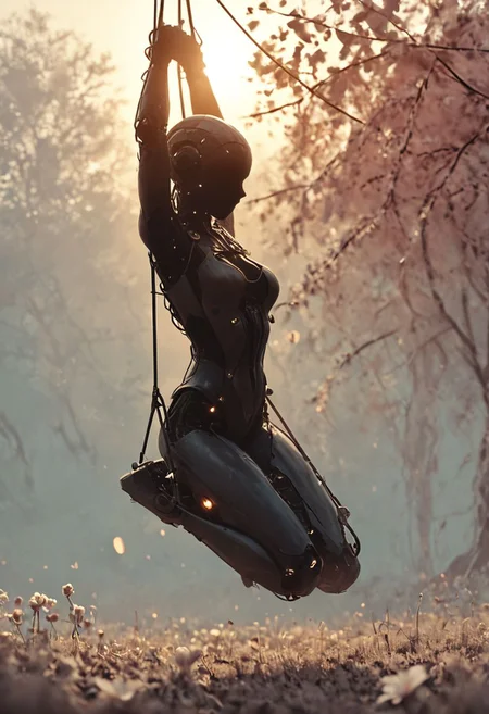 swinging, arms up, lith_argenta_PressHartPH1W, score_100000, score_9, score_8_up, score_7_up, masterpiece, Full color, amazing lighting, highly quality, Cleavage, highres, woman Silhouette, reelmech, mechanical parts, cable, wires, machinery, joints, body suit, Blue Sky, backlight, atmospheric lighting, volumetric lighting, silhouette sitting in
swing on ropes underneath a Red blooming flower tree, mesmerizing atmosphere,