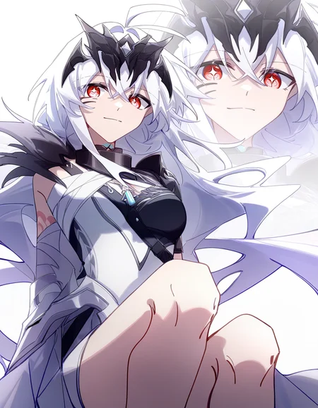 hibioes,front view,white background,simple background,looking at viewer,<lora:spfaniya_noob>,spfaniya,1girl,solo,red eyes,white hair,ahoge,antenna hair,bangs,long hair,facial mark,+ +,symbol-shaped pupils,breasts,zoom layer,
masterpiece,best quality,very aesthetic,absurdres,