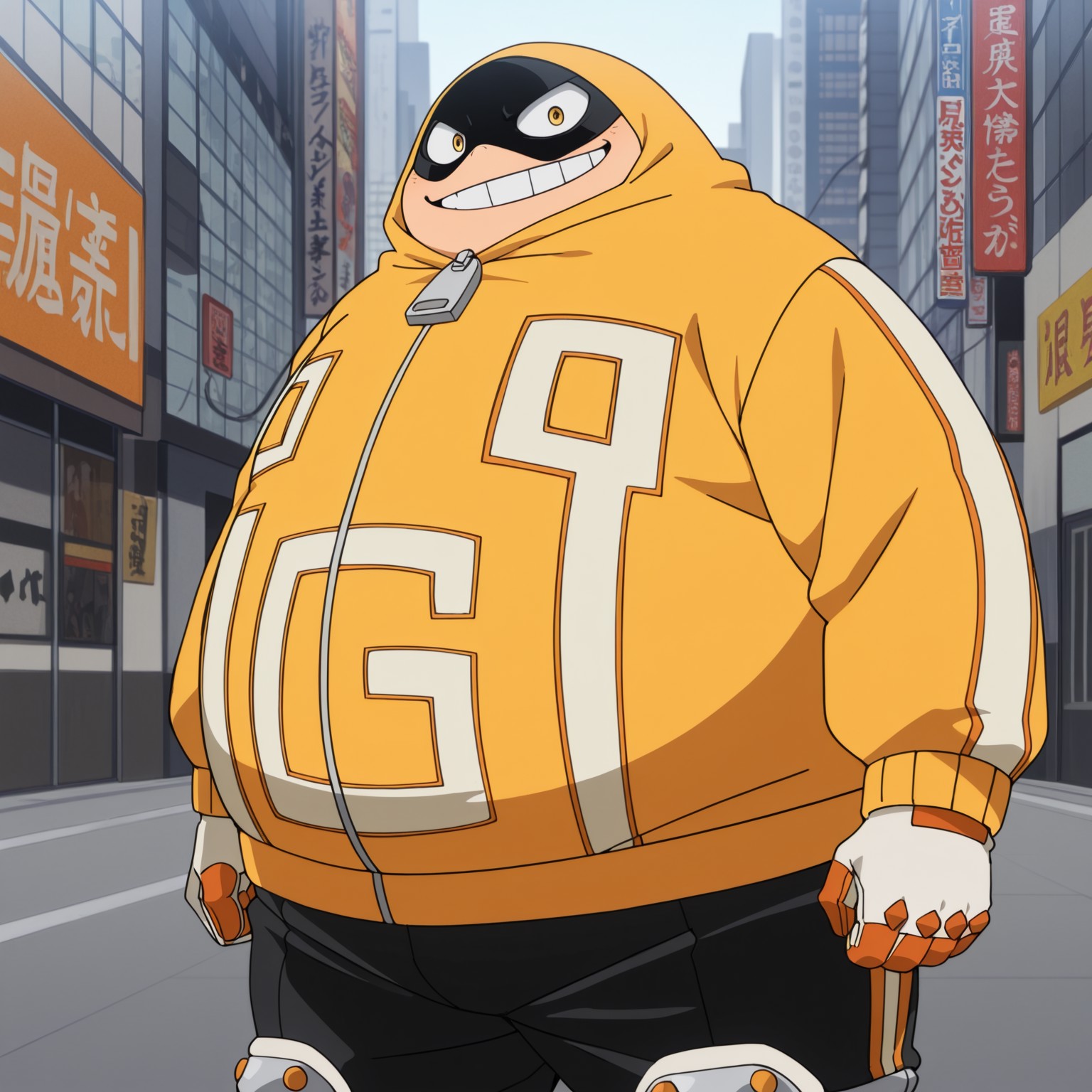 fatgum, male, overweight, black mask, yellow jacket, black track pants, boots, knee pads, gloves, hood up, yellow eyes, zipper pull tab, masterpiece, best quality, absurdres, newest, perfect quality, detailed background, intricate details, tokyo city, sunny, smile, anime coloring, high quality, detailed, 