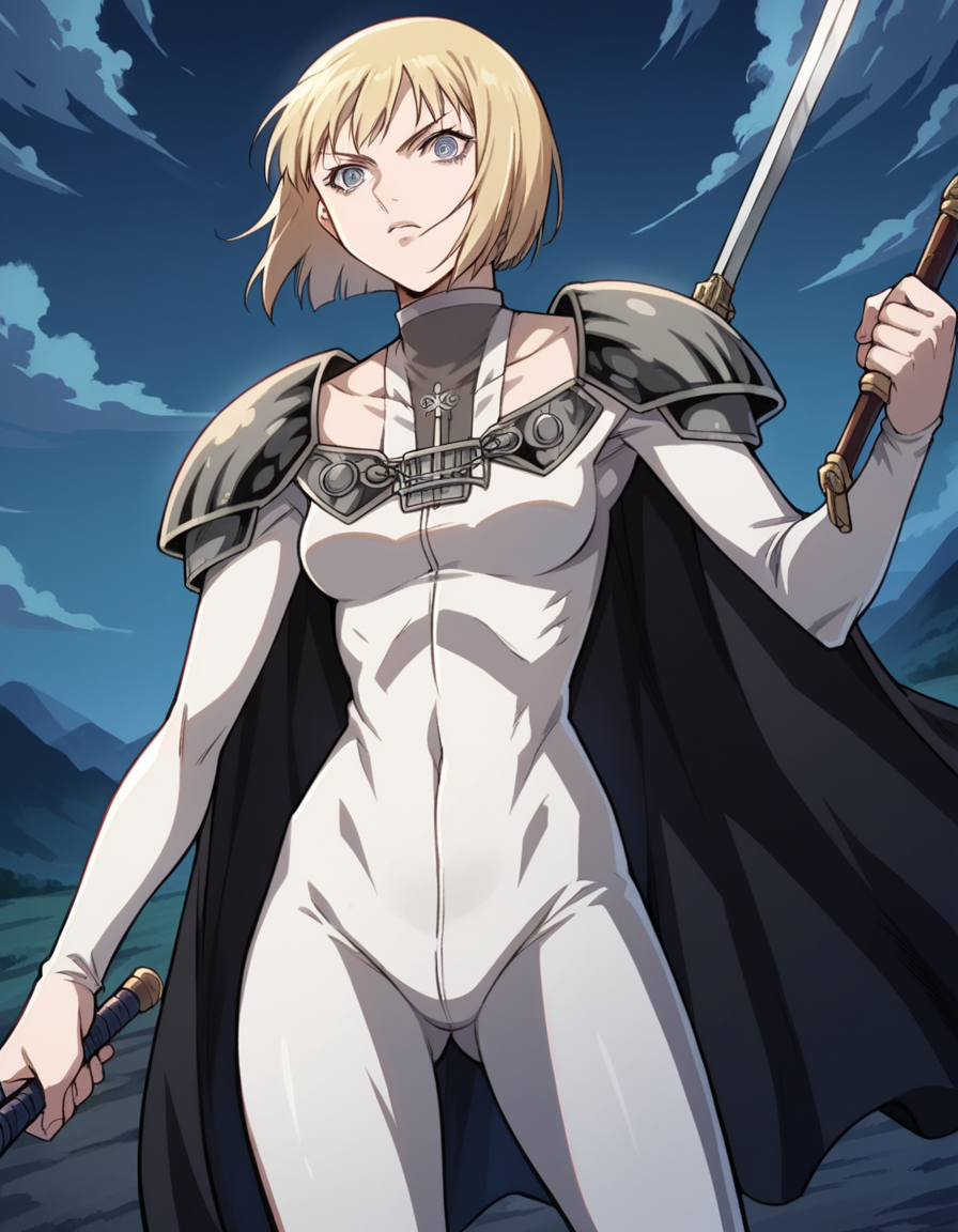 score_9, score_8_up, score_7_up, source_anime,
claymoreclaire, <lora:claymore-claire-s1-ponyxl-lora-nochekaiser:1>,
claire, short hair, blonde hair, grey eyes, bob cut, pale skin, white skin, ringed eyes,
weapon, sword, cape, armor, bodysuit, shoulder armor, pauldrons, shoulder pads,
outdoors, night, landscape, fighting stance,
solo, looking at viewer, cowboy shot, dutch angle,