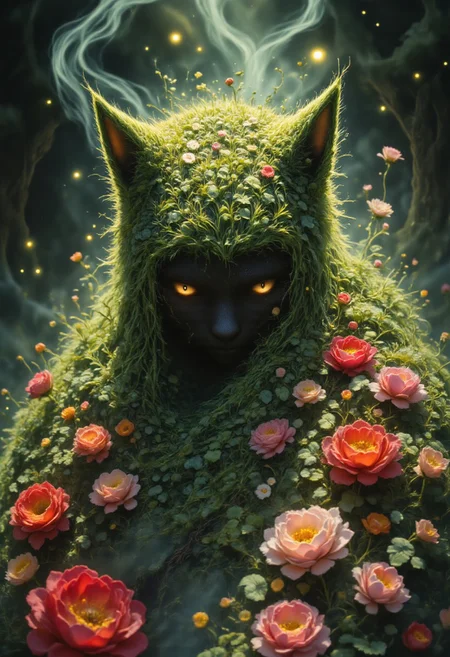 Studio Ghibli Dark Fairytale, masterpiece, best quality, A hyper-realistic Close up shot of a figure completely made of grass and red flowers in cat form, full body zoomed in, ultra sharp focus photo, 3d render, architecture, dark fantasy, vibrant (photography, high-resolution, dynamic, energetic,hyper-realistic, dramatic lighting, shallow depth of field.), dramatic lights, Cinematic, beautiful, vibrant, masterpiece, 32k, ultra HD, ultra-detailed, amazing quality, amazing artist, sharp edges, detailed textures, full view, atmospheric lighting, amazing visuals
