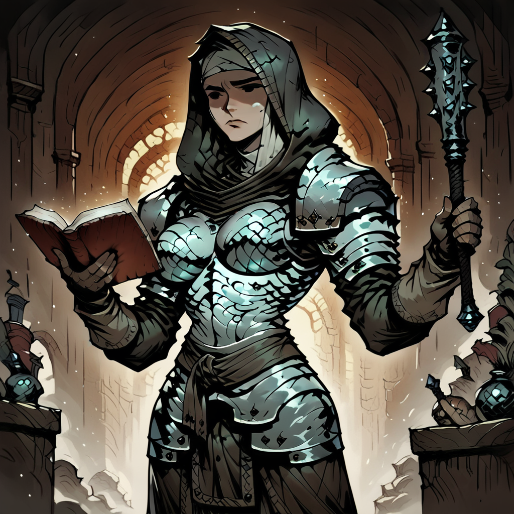 score_9, score_8_up, score_7_up, masterpiece, best quality, newest, absurdres, highres, DDstyle, official style, black eyes, shaded eyes, 1girl, DDVESTL-V1.0, 1girl, armor, hood, shoulder pads, breastplate, shoulder armor, pauldrons, book, weapon, mace, holding, holding book, holding mace, holding weapon,