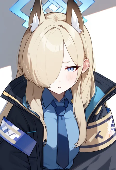 kosubi, score_8_up, digital media, illustration, hires, solo,1girl, kanna (blue archive), animal ears, blonde hair, animal ear fluff, halo, hair over one eye, long hair, blue eyes, extra ears, dog ears, black gloves, black jacket, long sleeves, blue shirt, collared shirt, open jacket, blue necktie, armband, black pantyhose, blue skirt, tie clip