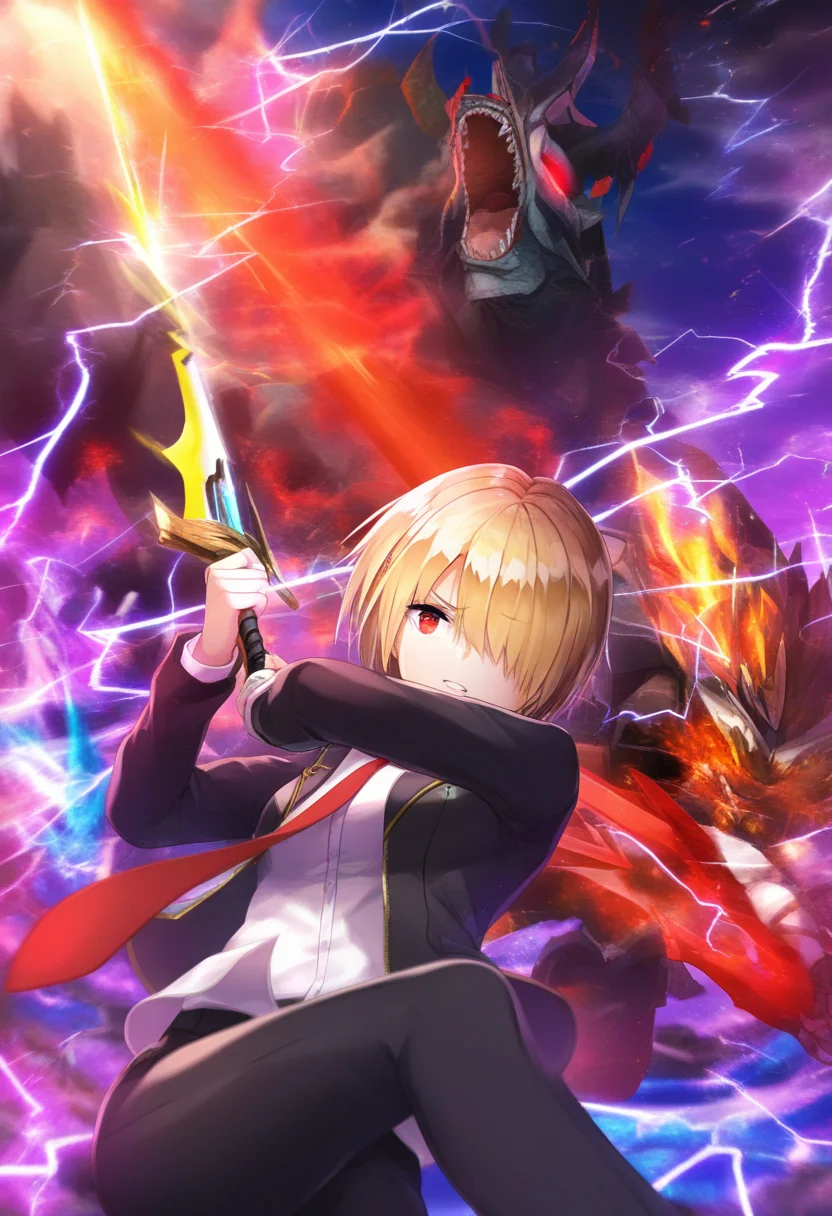 <lora:Ruka_IL_XL_V1:1>1girl, 1monster, fighting to monster, ruka, blonde hair, short hair, hair over one eye, black suit, black jacket, open jacket, black pants, white shirt, red tie, holding sword, lightning from sword