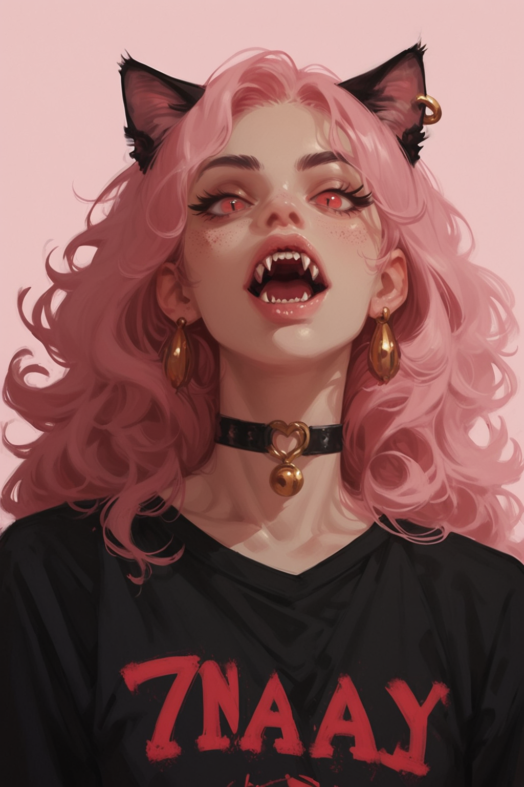 1girl, cat, jewelry, open mouth, long hair, pink background, earrings, pink hair, fangs, necklace, pink eyes, choker, simple background, black cat, animal, black choker, solo, upper body, black shirt, wavy hair, teeth, long sleeves, shirt, red eyes, sleeves past wrists, curly hair, eyelashes, portrait, zPDXL3, detailxl,  Score_PnyReal, (lineless:1.5)