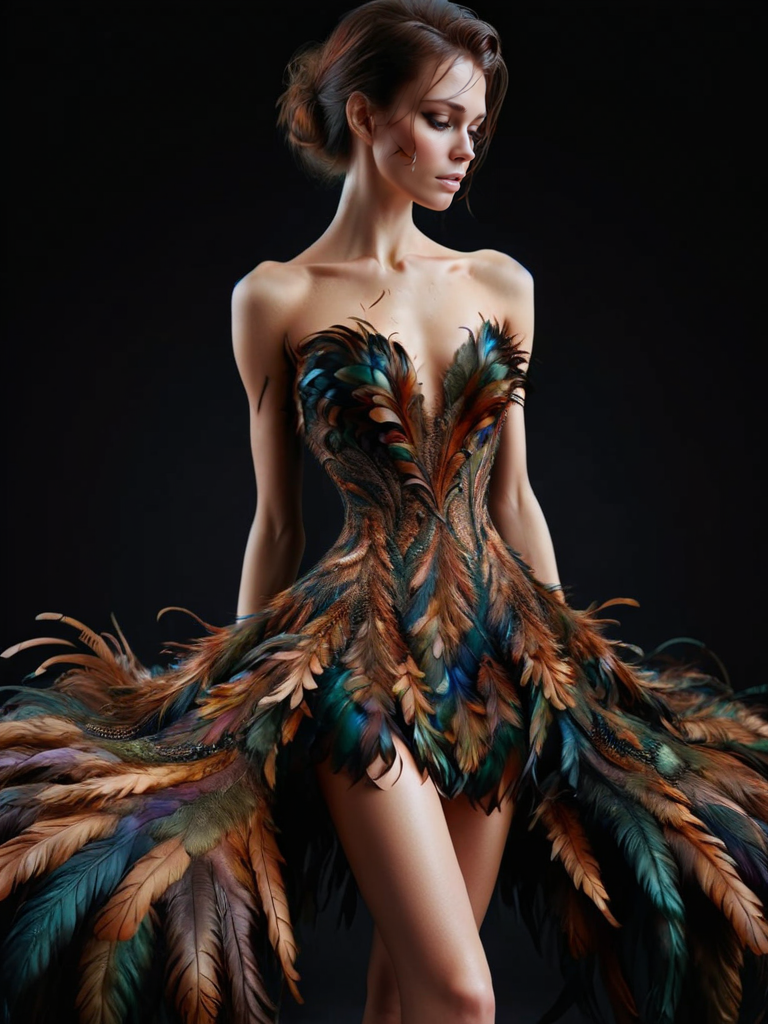 ral-feathercoat, a dress with a feather design on it <lora:ral-feathercoat-sdxl:1> black background, dim warm backlight, ring light