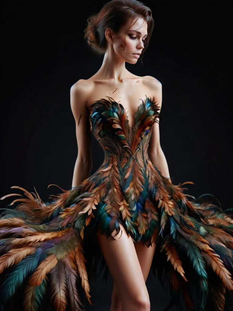 ral-feathercoat, a dress with a feather design on it <lora:ral-feathercoat-sdxl:1> black background, dim warm backlight, ring light