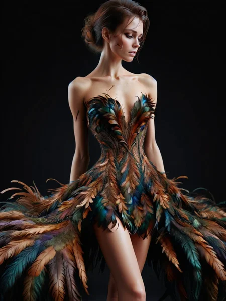 ral-feathercoat, a dress with a feather design on it <lora:ral-feathercoat-sdxl:1> black background, dim warm backlight, ring light
