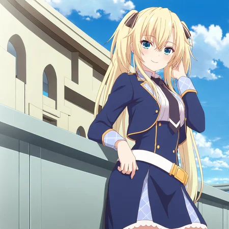 <lora:Regina2-000018:0.7>Regina,solo,looking at viewer,normal suit,smile,hand in own hair,leaning on object,day,