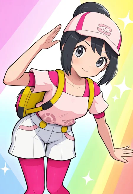 hinosaki, [[pokemoa, gonzarez]]2d, masterpiece, best quality, amazing quality, 1girl, solo, close-up, standing, smile, upper body, leaning_forward, looking at viewer, multicolored background, sparkle, rainbow background, colorful background, pkbettie, cute style, black hair, grey eyes, short hair, sidelocks, bangs, hair bun, baseball cap, pink headwear, pink shirt, collarbone, pink undershirt, short sleeves, off-shoulder shirt, high-waist shorts, white shorts, pink leggings, leggings under shorts, yellow backpack