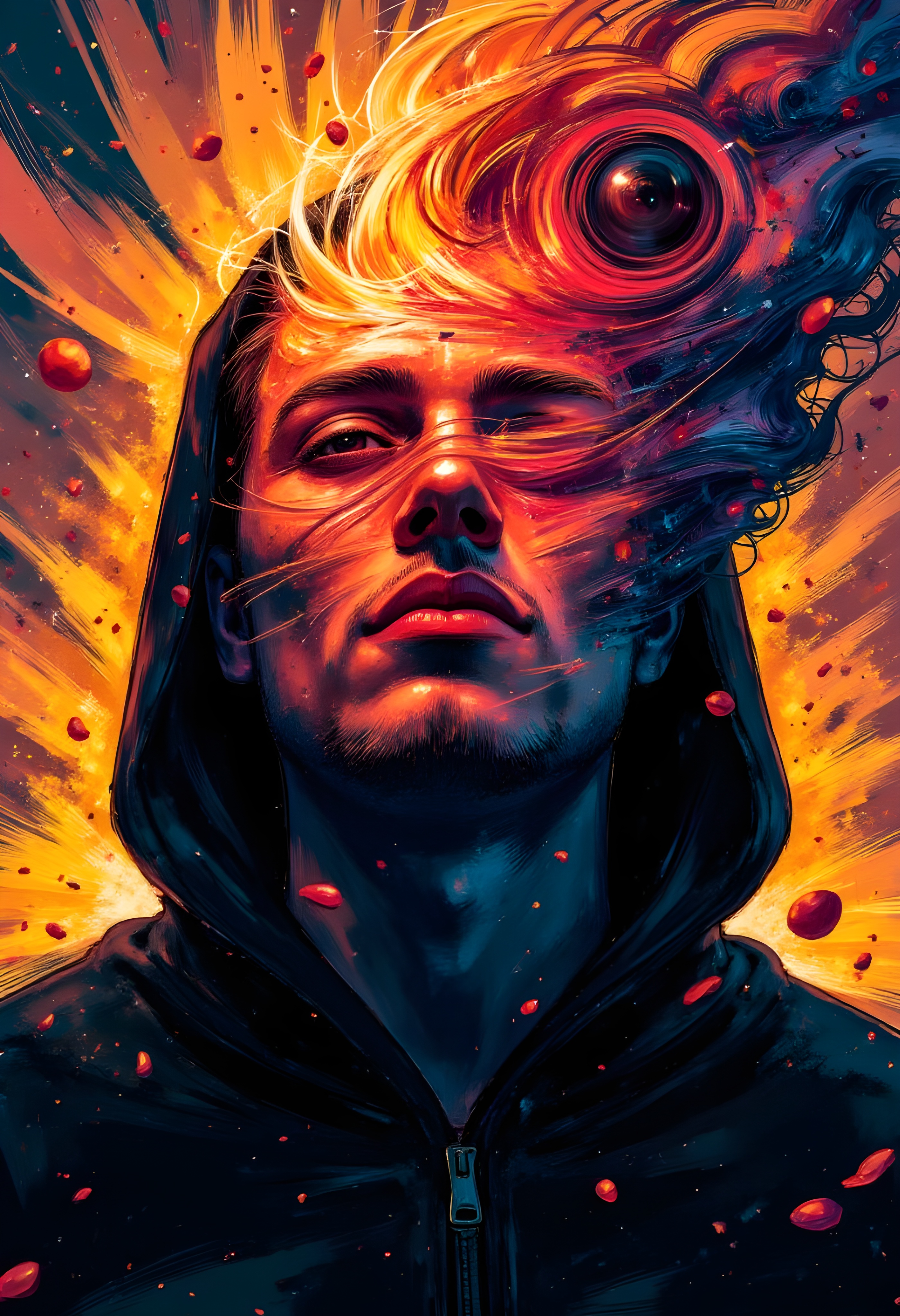 cinna flow, illustration art, red bubble floats, blue lines fall, shooting stars, particles blazing, upper-body, man, front, gaze, massive vortex swirling face, black hood of smoke wisps, black and yellow with blue limit three colors, outline style, artistic, series, original. Very detailed, vibrant colors