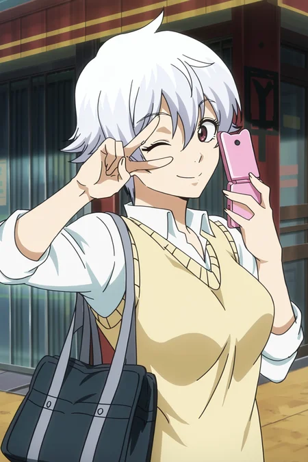 anime screencap, anime coloring, detailed face, masterpiece, best quality, very aesthetic, absurdres, volumetric lighting, official style, amazing quality, ultra detailed,  highres, amazing quality, scenery, beautiful detailed hair, beautiful detailed eyes, defined fingers, five fingers,
nsfw, uncensored,
 <lora:Ginko_gender_swapped_Gintoki_Sakata_Gintama:1>
Ginko vest outfit, Ginko (character), genderswap, one eye closed, genderswap (mtf), holding cellphone, phone, v over eye, taking a selfie, 1girl, bag, white hair, solo, yellow vest, white shirt,
outdoors, in a city, storefronts, high angle, facing the viewer,