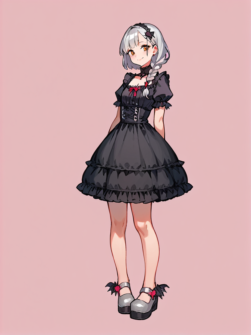 score_8_up, score_7_up, score_6_up, source_anime, 1girl, solo, simple background, pink background,
standing, pose, contrapposto, arched back, facing viewer, (full body:1.5)
smile, sidebraid, silver hair
batshoes, grey footwear
black dress, gothic, frilly dress
 <lora:Bat_Shoes:1>