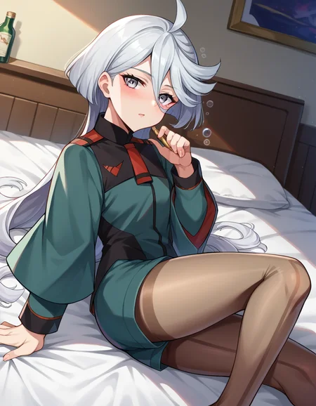 score_9, score_8_up, score_7_up, source_anime,
miorinerembran, <lora:miorine-rembran-ponyxl-lora-nochekaiser:1>,
miorine rembran, ahoge, grey eyes, grey hair, hair between eyes, long hair, swept bangs,
asticassia school uniform, front-seamed legwear, green jacket, green shorts, jacket, long sleeves, pantyhose, pantyhose under shorts, school uniform, seamed legwear, shorts, shoulder boards, swept bangs, wide sleeves,
indoors, bed, bed room, on side, blush, drunk,
looking at viewer, dutch angle, cowboy shot,