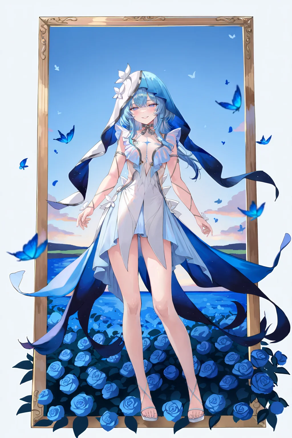8k, best quality, masterpiece, (ultra-detailed), (high detailed skin), border, oil painting border, photo frame, frame, a carefully framed painting,
(artist:ke-ta:1.25), (artist:ATDAN, artist:momoko_(momopoco):0.85),
safe, extra_sharp, (perspective composition.:1.2), (bold_lines are adding to the overall style:1.2) solo, (high brightness:1.3), backlighting, rose field, outdoors, kubrick stare, 1girl, contrapposto, half-closed eyes, detailed eyes, bold eyelashes, long eyelashes, nose, closed mouth, wide grin, smile, long hair, blue sky, clouds, amazing quality, masterpiece, highres, beautiful color, film grain, newest, symmetrical composition, beautiful, intricate, amazing quality, very aesthetic, absurdres, masterpiece, by anna dittmann, full body, dynamic angle, chromatic aberration, white skin, glossy skin, beautiful eyes,
<lora:shouanren-noob-Tanger-000013:0.8>, white dress, veil, shouanren, default clothes, 1girl, blue hair, blue eyes, dress, hood,