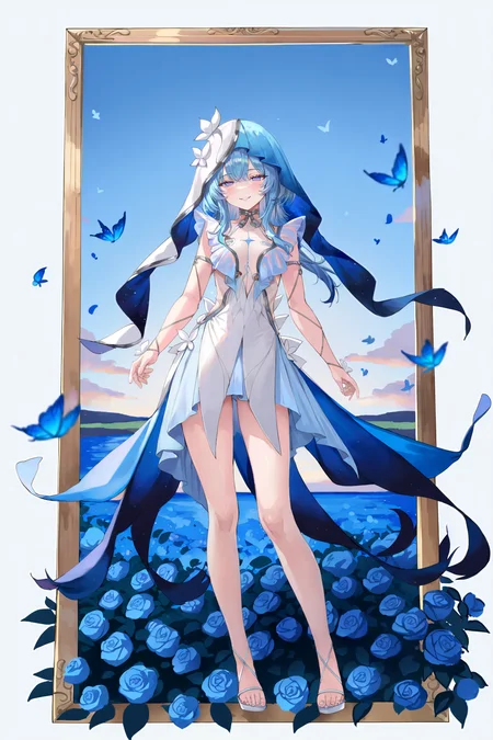 8k, best quality, masterpiece, (ultra-detailed), (high detailed skin), border, oil painting border, photo frame, frame, a carefully framed painting,
(artist:ke-ta:1.25), (artist:ATDAN, artist:momoko_(momopoco):0.85),
safe, extra_sharp, (perspective composition.:1.2), (bold_lines are adding to the overall style:1.2) solo, (high brightness:1.3), backlighting, rose field, outdoors, kubrick stare, 1girl, contrapposto, half-closed eyes, detailed eyes, bold eyelashes, long eyelashes, nose, closed mouth, wide grin, smile, long hair, blue sky, clouds, amazing quality, masterpiece, highres, beautiful color, film grain, newest, symmetrical composition, beautiful, intricate, amazing quality, very aesthetic, absurdres, masterpiece, by anna dittmann, full body, dynamic angle, chromatic aberration, white skin, glossy skin, beautiful eyes,
<lora:shouanren-noob-Tanger-000013:0.8>, white dress, veil, shouanren, default clothes, 1girl, blue hair, blue eyes, dress, hood,
