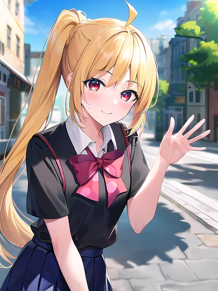 (masterpiece:1.3), (absurdres:1.3), (best quality:1.3), (ultra-detailed:1.3),(best shadow:0.7), (handled hair), (sharp eyeliner, eyeshadow, detailed eyes:1.1), perfect anatomy, BREAK, 1girl, solo, red eyes, side ponytail, sidelocks, school uniform, skirt, bangs, waving arms, leaning forward, smile, closed mouth, blush, upper body, BREAK street, shop, outdoors, backlighting
