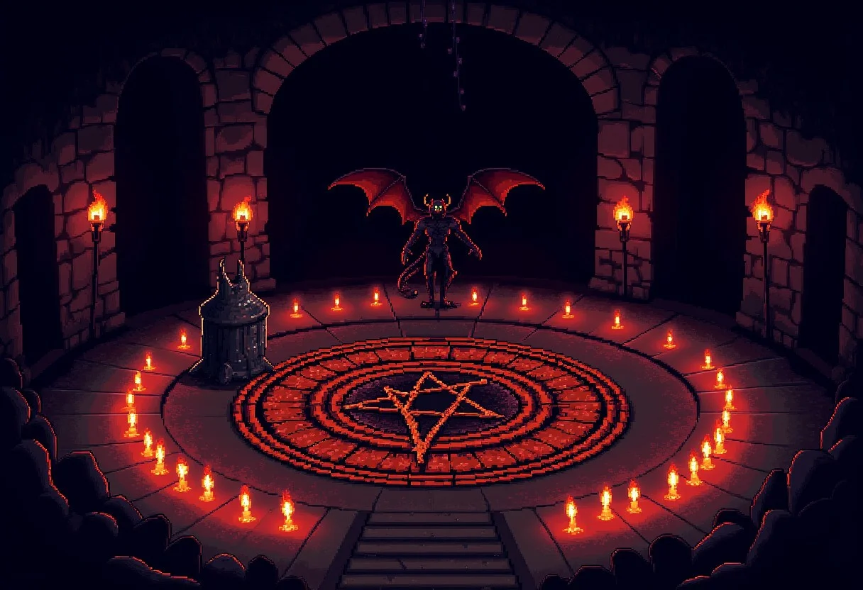 pixel-art
a sepulchral chamber, bereft of all but the most rudimentary furnishings. Bare stone walls, stained with the residue of centuries-old sacrifices, encircle the circular space, their surfaces gouged by the claws of nameless entities summoned therein. Cobwebs drape like funeral shrouds from the vaulted ceiling, concealing the origins of the guttering torches that struggle vainly to dispel the oppressive gloom.
Upon the flagstone floor, traced in congealed vitae, burns a pentagram of terrifying proportions. Its points bleed into the void, connecting to lesser symbols arranged in concentric rings around the perimeter. Candles of black wax, their wicks sputtering erratically, ring the circumference, bathing the macabre tableau in a ghoulish reddish-orange light.
And then, from the very heart of the occult diagram, a presence manifests. Emerging inch by excruciating inch, a nightmare made manifest pushes its way into our reality. Horned and tailed, with leathery wings folded tightly against its back, the demon regards us with eyes that burn like radioactive poison.
...
pixel art style, 8-bit graphics, blocky, pixelated, vibrant colors, recognizable characters and objects, game assets,
aidmaMJ6.1, pixel art