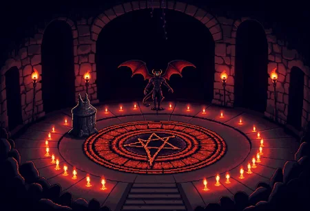 pixel-art 
a sepulchral chamber, bereft of all but the most rudimentary furnishings. Bare stone walls, stained with the residue of centuries-old sacrifices, encircle the circular space, their surfaces gouged by the claws of nameless entities summoned therein. Cobwebs drape like funeral shrouds from the vaulted ceiling, concealing the origins of the guttering torches that struggle vainly to dispel the oppressive gloom.
Upon the flagstone floor, traced in congealed vitae, burns a pentagram of terrifying proportions. Its points bleed into the void, connecting to lesser symbols arranged in concentric rings around the perimeter. Candles of black wax, their wicks sputtering erratically, ring the circumference, bathing the macabre tableau in a ghoulish reddish-orange light.
And then, from the very heart of the occult diagram, a presence manifests. Emerging inch by excruciating inch, a nightmare made manifest pushes its way into our reality. Horned and tailed, with leathery wings folded tightly against its back, the demon regards us with eyes that burn like radioactive poison.
... 
pixel art style, 8-bit graphics, blocky, pixelated, vibrant colors, recognizable characters and objects, game assets, 
aidmaMJ6.1, pixel art