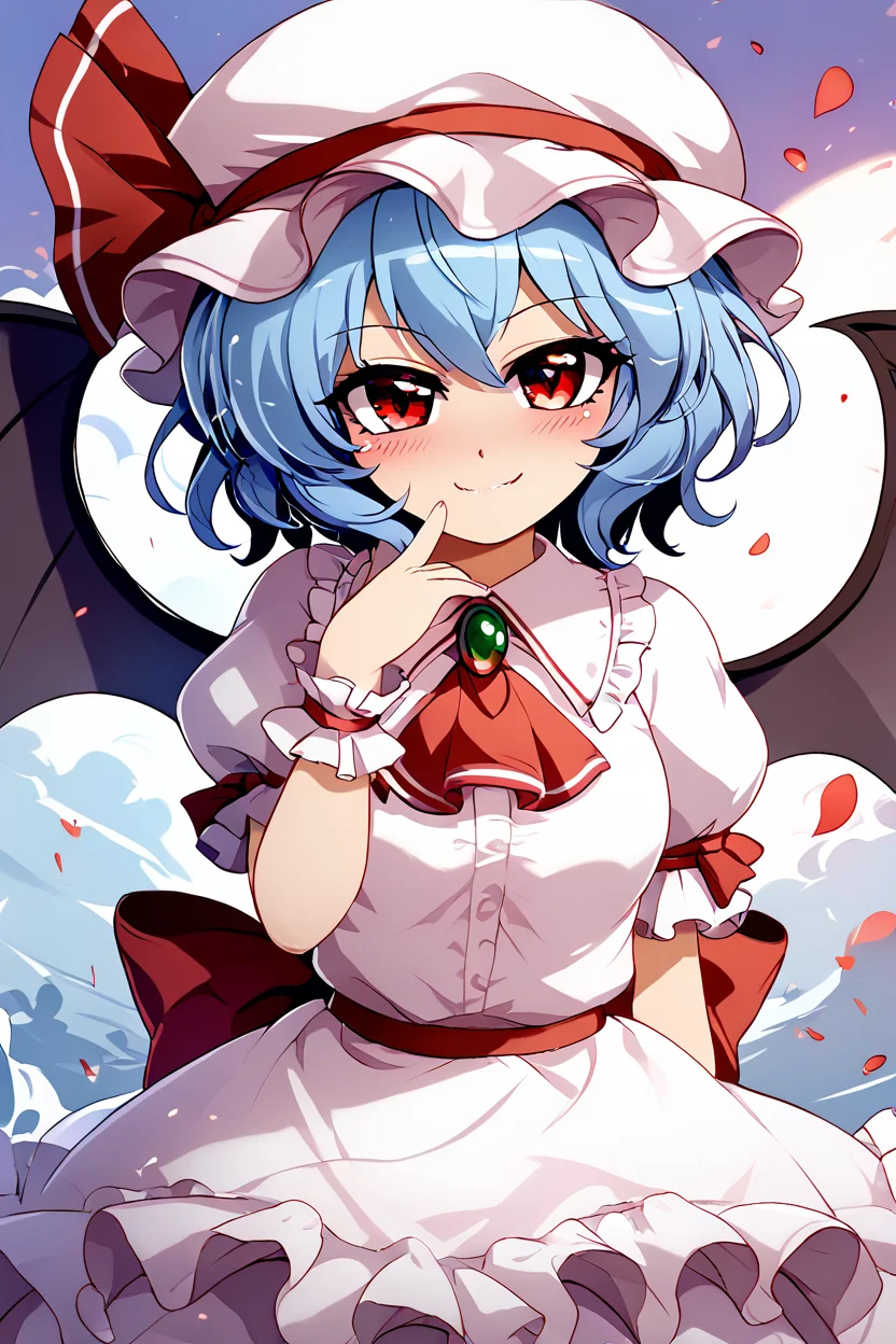 score_9, score_8_up, score_8, medium breasts, (curvy), cute, eyelashes, BREAK, , zzRemilia, red eyes, blue hair, short hair, hat, ribbon, wings, ascot, hat ribbon, bat wings, short sleeves, frills, puffy sleeves, smile, smug, <lora:Remilia_Touhou_PDXL:0.8>, BREAK, smile, closed mouth, looking at viewer, cowboy shot, ,,, embedding:zPDXL, Expressiveh, ,,, <lora:Konpeto_PDXL_v3:1.0>, <lora:SDXLFaeTastic2400:0.5>, <lora:Expressive_H-000001:0.4>,
