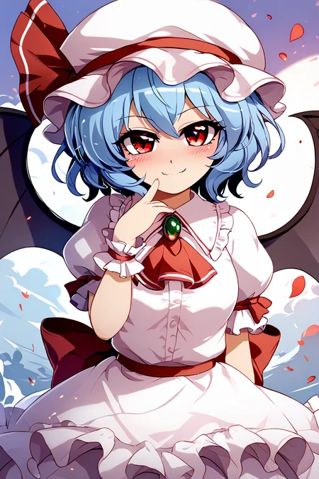 score_9, score_8_up, score_8, medium breasts, (curvy), cute, eyelashes, BREAK, , zzRemilia, red eyes, blue hair, short hair, hat, ribbon, wings, ascot, hat ribbon, bat wings, short sleeves, frills, puffy sleeves, smile, smug, <lora:Remilia_Touhou_PDXL:0.8>, BREAK, smile, closed mouth, looking at viewer, cowboy shot, ,,, embedding:zPDXL, Expressiveh, ,,, <lora:Konpeto_PDXL_v3:1.0>, <lora:SDXLFaeTastic2400:0.5>, <lora:Expressive_H-000001:0.4>,