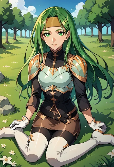 1girl, solo, alone, score_9, score_8_up, score_7_up, masterpiece, high quality, source_anime, very detailed, 

SyFE, green hair, long hair, green eyes, orange headband, turtleneck, breastplate, shoulder armor, gold trim, black shirt, long sleeves, white gloves, brown skirt, black belt, black pantyhose, white thigh boots, two-tone footwear, feet,

sitting, smiling, looking at viewer, full body, facing forward, battlefield, grass, trees, clearing,