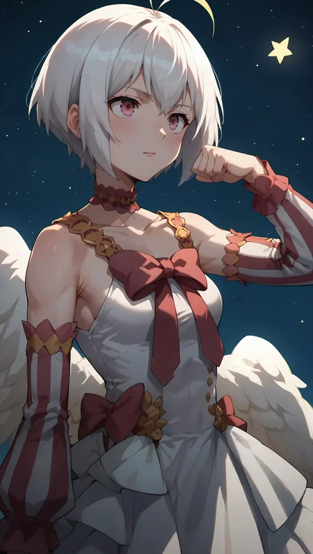 score_9,score_8_up,score_7_up,score_6_up, source_anime, zPDXL, girl, white hair, ahoge, antenna hair, pink eyes, white dress, long sleeves, bare shoulders, bow, frills, angel wings, striped sleeves, <lora:Wakfu_CartoonV02:0.5>, <lora:xl_more_art-full_v1:0.5>, <lora:Fitoria - Pony-000004:0.8>, (flexing), night sky, stars, darkness,