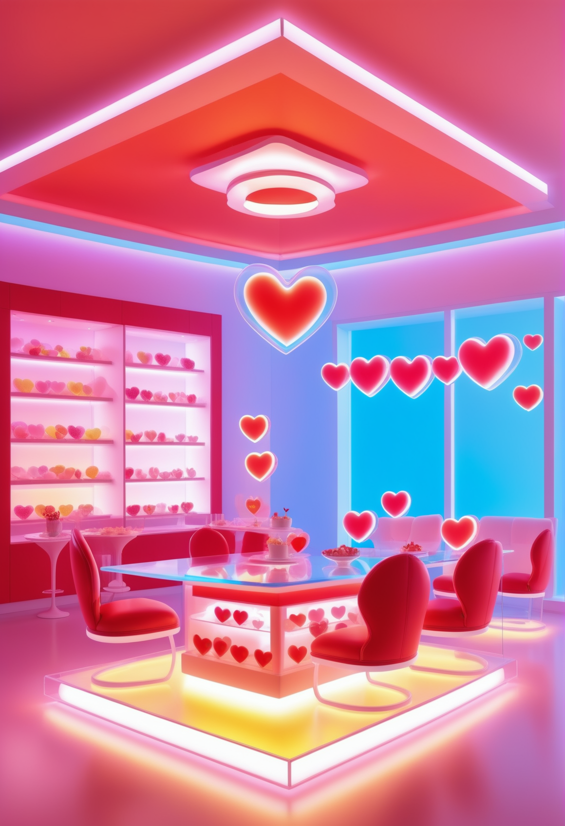 an interior with furniture made out of reij-trnsprnt filled with reij-hrts light by reij-glow <lora:heartglow-000006:1>, Pop Art, behance, (Vostok Observatory:1.1) and Magical market bazaar, Foggy, inside of a bakery, Fall, vivid colors, flat color, 2D, strong lines, Pop Art, professional fine composition, complex artistic color composition, set logical ambient background, best