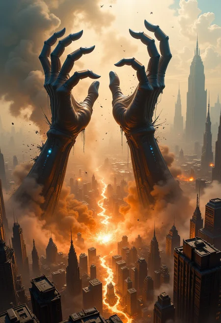 score_9_up, score_7_up, very detailed, (best quality) bird's-eye-view, two gigantic monstrous human claws are rising from the ground of a big city causing many explosions in the city, debris falling from the claws, buildings are collapsing, many shooting bombers attacking the giant hands fighting them, explosions, epic, birds-eye-view, dust, fog, realistic, realism, realistic oil painting, photo realistic painting
