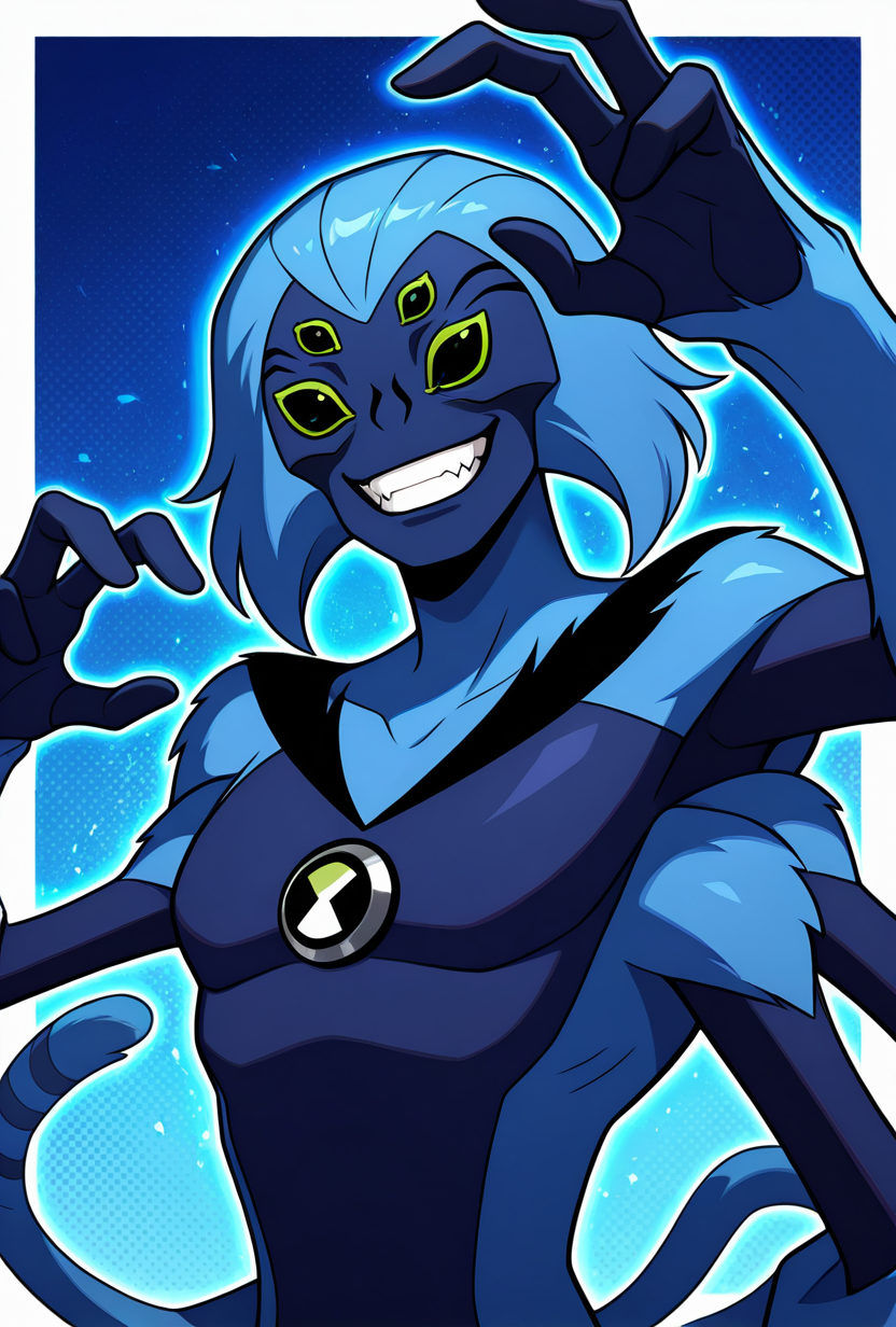 <lora:spidermonkey-09:1> spidermonkey, extra eyes, solo, blue skin, extra arms, long blue tail, , green eyes, teeth, blue hair, pokemon (creature), blue background, smile, teeth, fangs, dynamic pose,, upper body, halftone effect, white borders, abstract background:1.2,, masterpiece, best quality, amazing quality, very aesthetic, absurdres, newest,