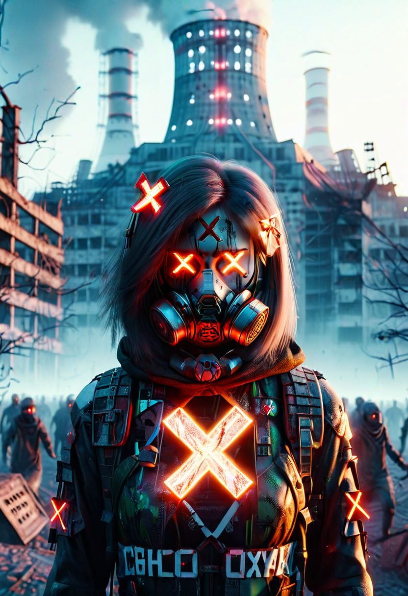 4D render, Chernobyl disaster, nuclear , Apocalypse,girl, detailed face, portrait, glowing x, minimalist outfit, anti social , ,cyberpunkartstyle,ruined ancient city,Professional styling, intricate details,8k post production, faithful, Religious denomination,