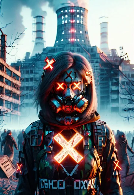4D render, Chernobyl disaster, nuclear , Apocalypse,girl, detailed face, portrait, glowing x, minimalist outfit, anti social , ,cyberpunkartstyle,ruined ancient city,Professional styling, intricate details,8k post production, faithful, Religious denomination,