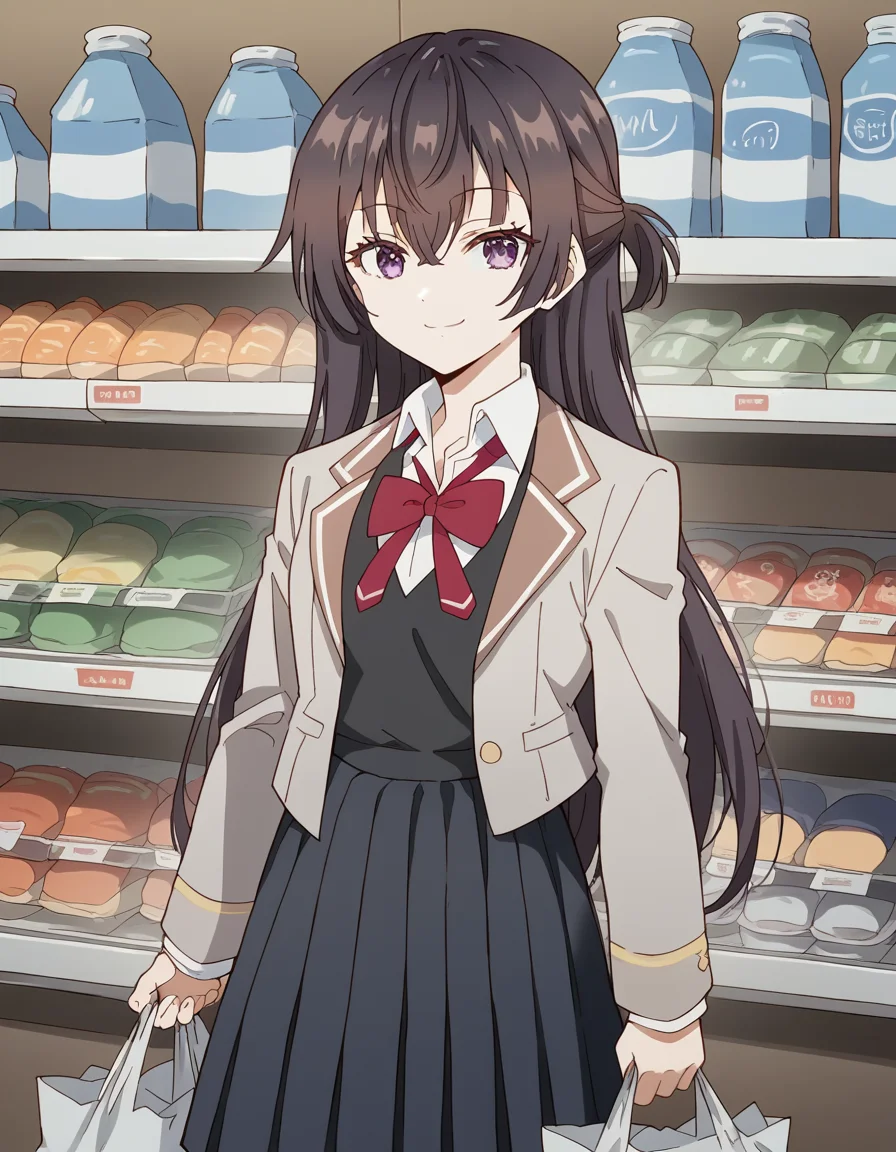 score_9, score_8_up, score_7_up, source_anime, <lora:yuki-suou-s1-ponyxl-lora-nochekaiser:1>, yuki suou, long hair, bangs, brown hair, black hair, hair between eyes, purple eyes, half updo,, shirt, bow, school uniform, jacket, white shirt, collared shirt, bowtie, red bow, blazer, red bowtie, black skirt, pleated skirt,, grocery store, cashier, shopping bag, scanning items, small talk, everyday routine, smile, looking at viewer, undefined, solo,, cowboy shot, dutch angle