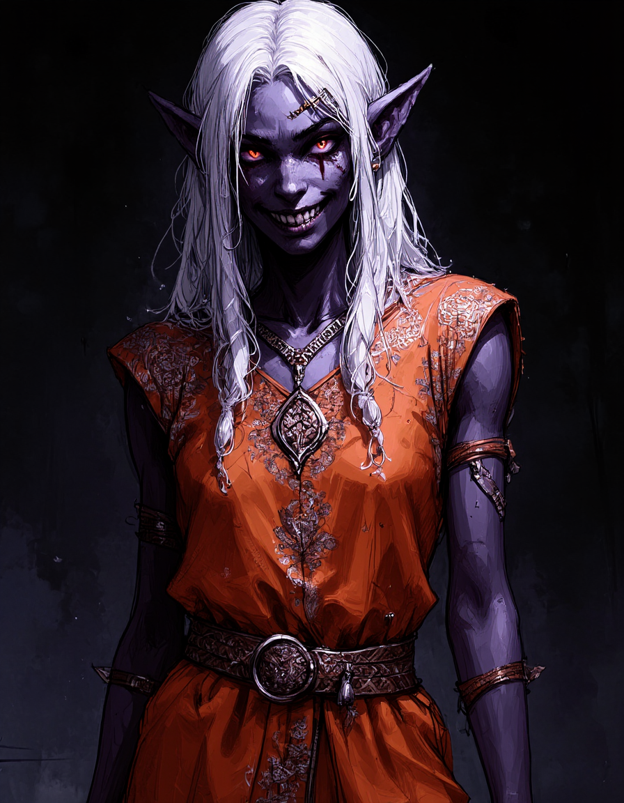 cflxillst
wc1dnd_style
FFRussNicholson

A highly detailed close-up portrait of a dark elf noble woman. 
She has a crazy and insane look and her mouth is distorted into an ugly and evil grin

She wears a luxurious dark orange sleeveless tunic richly embroidered with intricate silver patterns. 
She has small breast and is otherwise highly seductive.

Her light purple skin contrasts elegantly with the fine fabric. 
Her long, silver-white hair cascades down her shoulders in soft waves. 

The lighting is dramatic, casting deep shadows that emphasize her sharp, angular features.
The background is blurred and dark, evoking the mysterious depths of the underworld.



