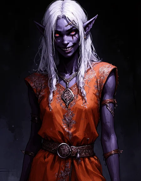 cflxillst
wc1dnd_style
FFRussNicholson
A highly detailed close-up portrait of a dark elf noble woman.
She has a crazy and insane look and her mouth is distorted into an ugly and evil grin
She wears a luxurious dark orange sleeveless tunic richly embroidered with intricate silver patterns.
She has small breast and is otherwise highly seductive.
Her light purple skin contrasts elegantly with the fine fabric.
Her long, silver-white hair cascades down her shoulders in soft waves.
The lighting is dramatic, casting deep shadows that emphasize her sharp, angular features.
The background is blurred and dark, evoking the mysterious depths of the underworld.