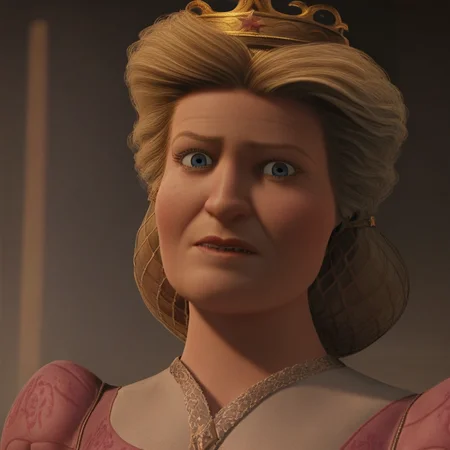 score_9, masterpiece, 1girl, Solo, female focus, QLillian_Shrek, light skin, blue eyes, golden hair, hair up with golden hairnet, gold crown, dark pink royal medieval dress with long sleeves, dark pink loafers, tall stature, standing, close-up, room background, looking at viewer, perfect eyes, face photo